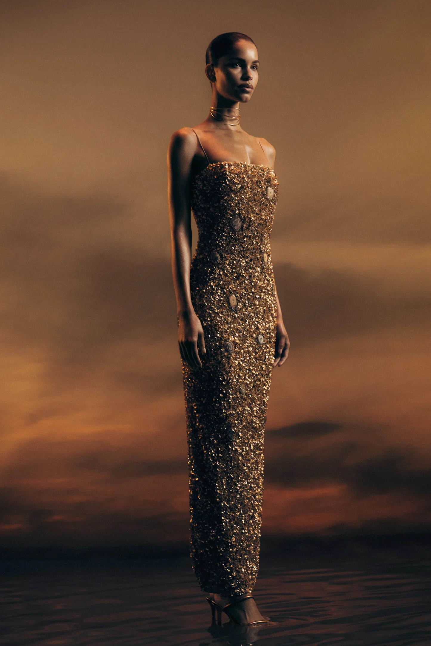 Hand Beaded Midi Dress - Gold | MESHKI US