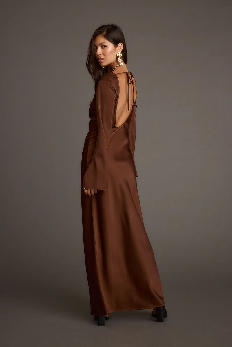 Strokes Mocha Long Sleeve Plunge Satin Maxi Dress | 12th Tribe