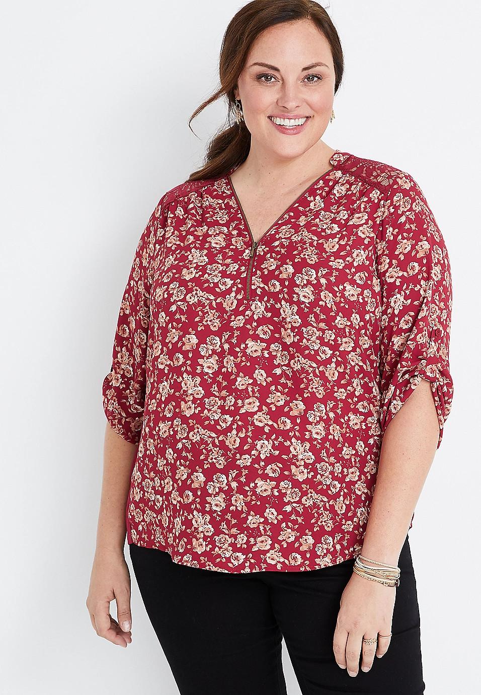 Plus Size Red Floral Quarter Zip Blouse | Maurices