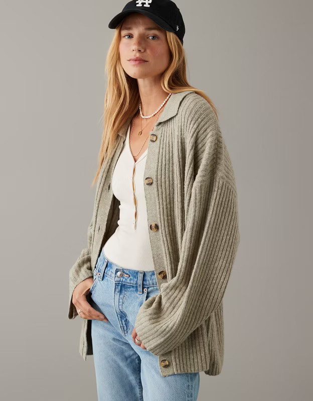 AE Whoa So Soft Collared Button-Front Cardigan | American Eagle Outfitters (US & CA)