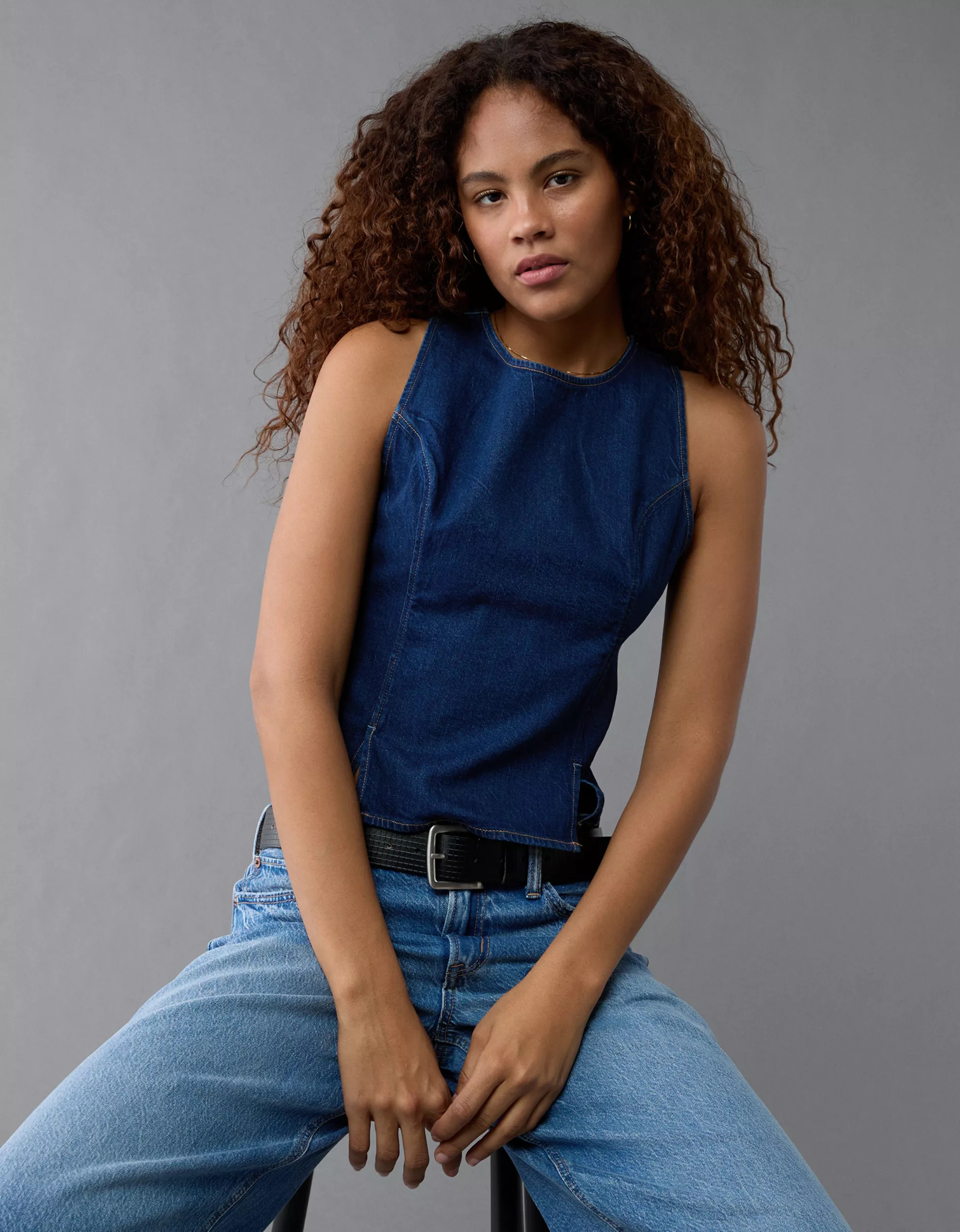 AE High Neck Denim Tank Top | American Eagle Outfitters (US & CA)