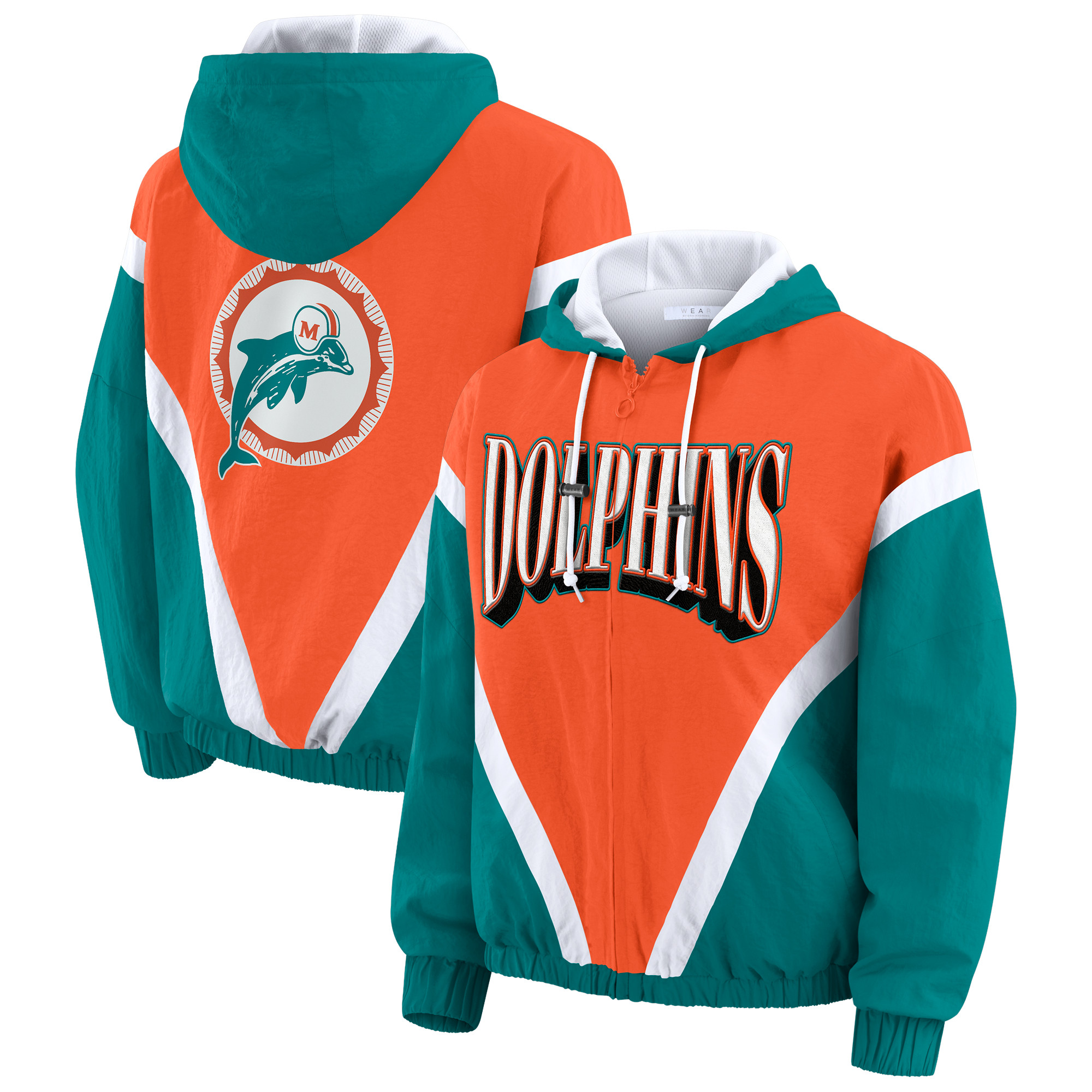 Women's WEAR by Erin Andrews Orange/Aqua Miami Dolphins Retro Crinkle Full-Zip Hoodie Windbreaker | Fanatics