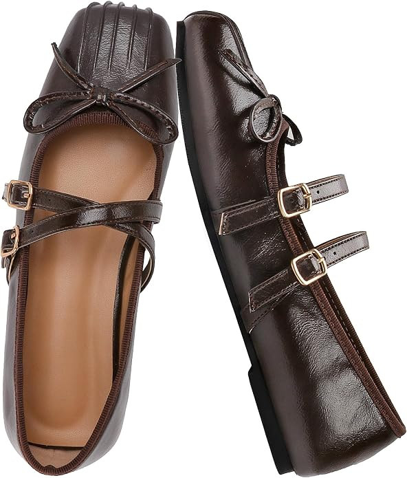 Women's Mary Jane Flats with Bow Square Toe Criss-Cross Straps Ballet Flats Dressy Flats Shoes fo... | Amazon (US)
