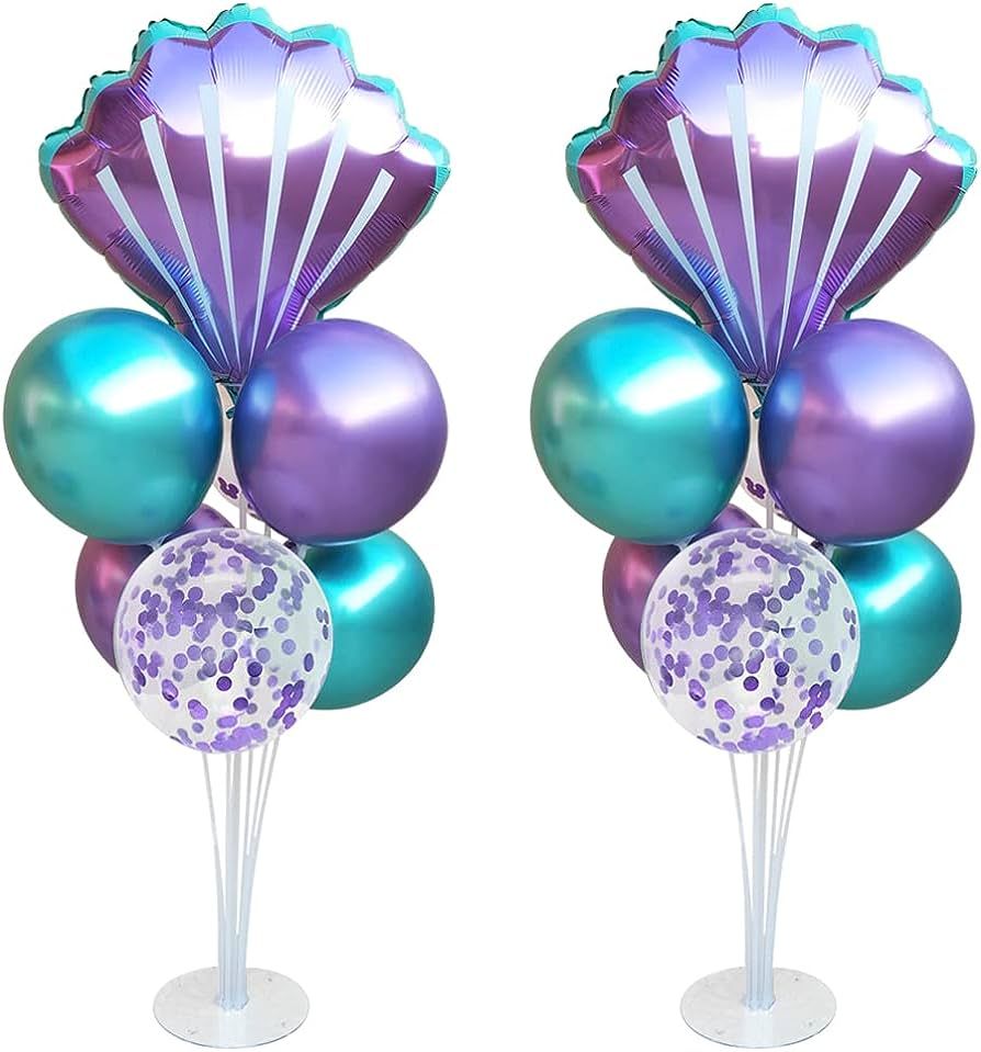 Mermaid Table Centerpiece Balloons Stand Kit 2 Sets with 2 Sea Shells Foil Balloons 14 Purple Blu... | Amazon (US)