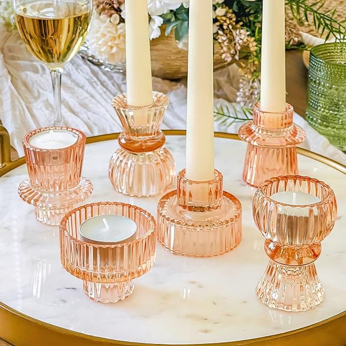Kate Aspen Doube Sided Vintage Ribbed Rose Gold Pink Glass Candlestick Holders, Pillar Candle, Te... | Amazon (US)