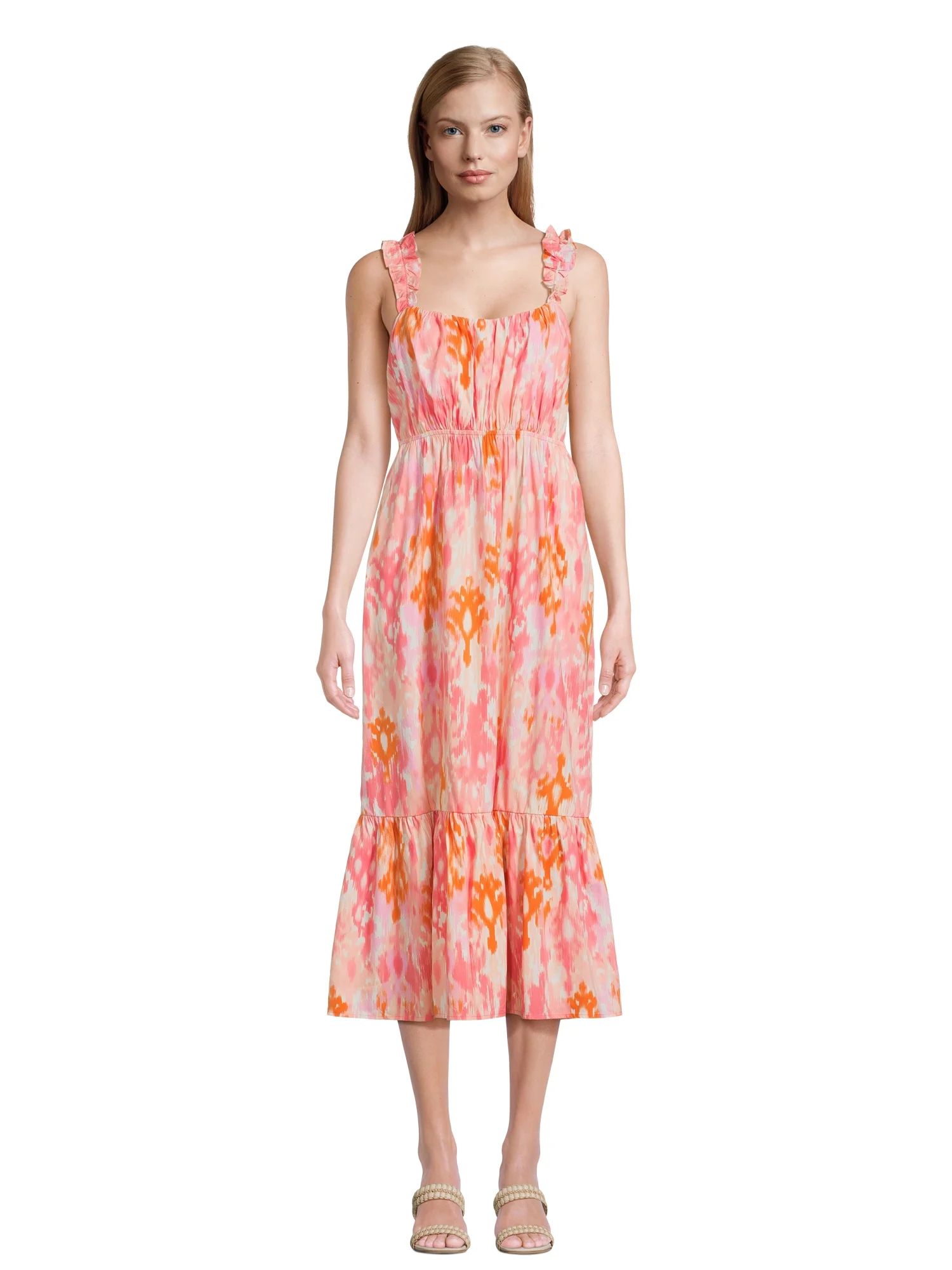 Time and Tru Women's Tie Back Midi Dress with Ruffled Straps, Sizes XS-XXXL | Walmart (US)