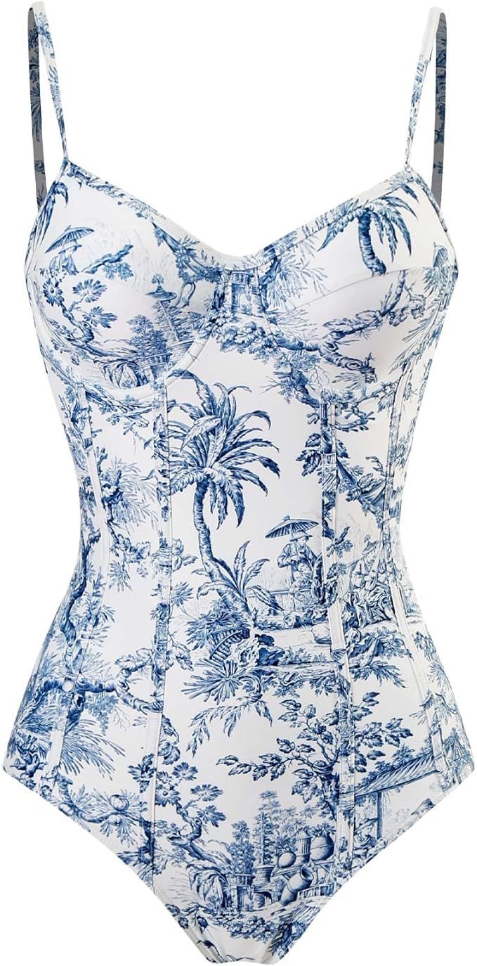 Women Swimsuits Abstract Printing Notched Square/V Neck Floral Vacation One Piece with Cover Up | Amazon (US)