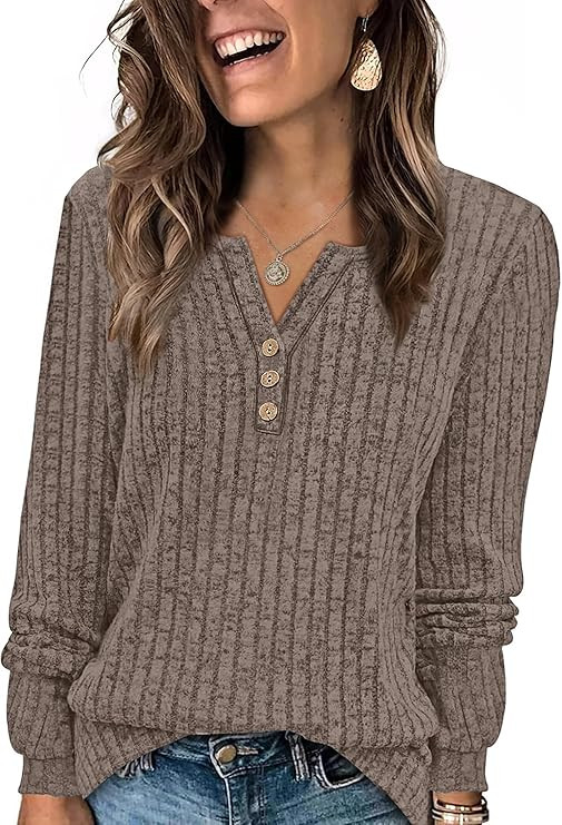 WIHOLL Sweaters for Women 2025 Long Sleeve Tops Fall Clothes Fashion Clothing V Neck Button Down ... | Amazon (US)