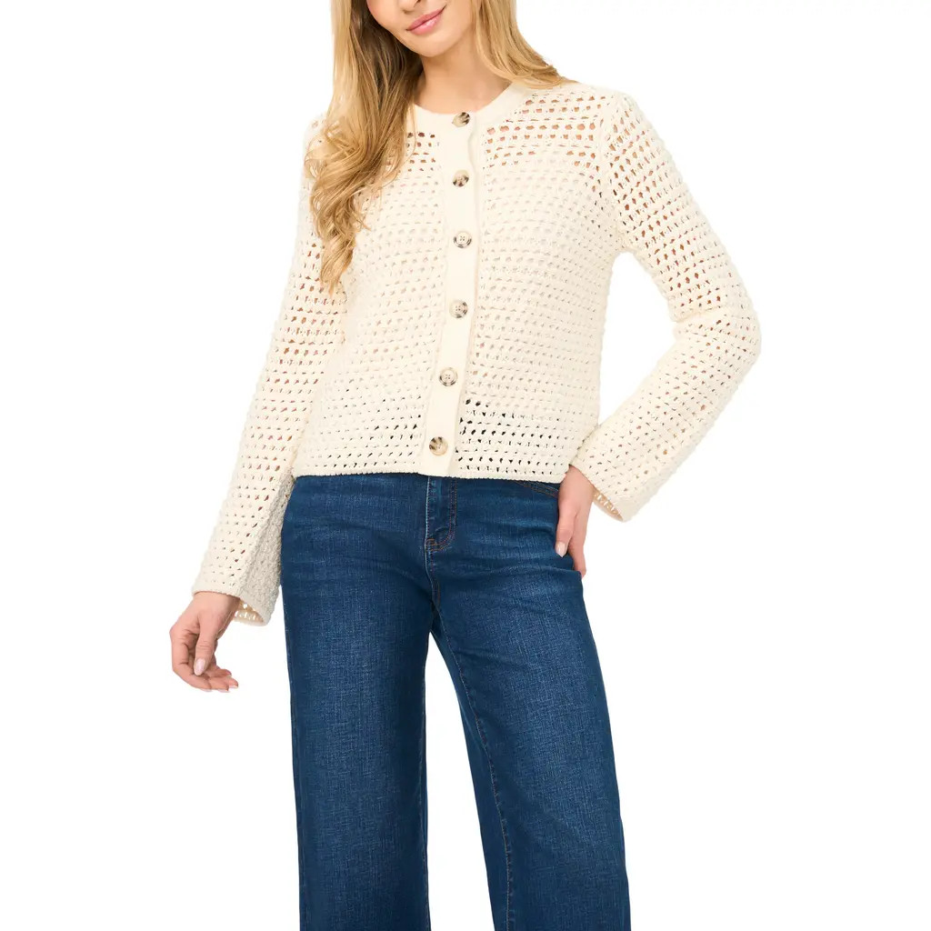 halogen(r) Open Stitch Button Front Cardigan in Eggnog at Nordstrom, Size Medium | Nordstrom
