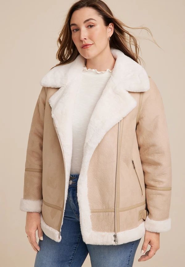 Plus Size Faux Suede Shearling Trim Jacket | Maurices
