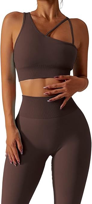 QINSEN Workout Sets for Women Seamless Sports Crop Tops High Waisted Leggings Two Piece Outfits | Amazon (US)