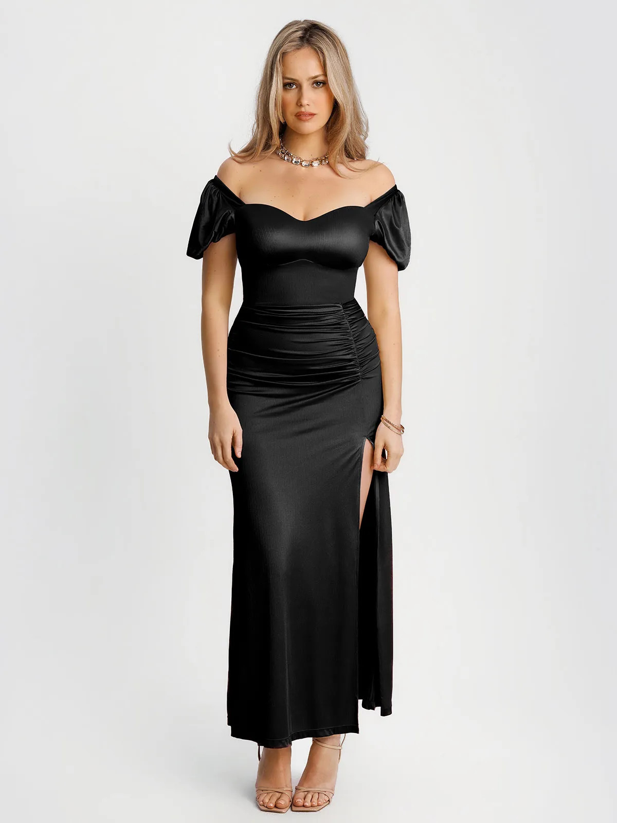 Square Neck Slimming Sculpting Maxi Dress with Sleeves Black / L | Popilush