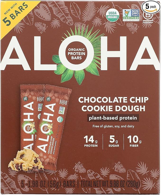 ALOHA Organic Plant Based Protein Bars, Chocolate Chip Cookie Dough, 1.98-Ounce Bars, (Pack of 5) | Amazon (US)