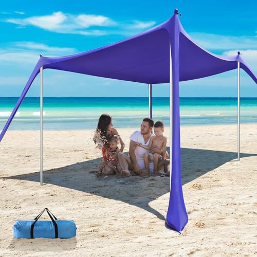 Beach Tent - 10 x 10 FT Beach Canopy, Portable Beach Tent Sun Shelter UPF50 with 4 Sandbags, Anti-Wind Ropes,Ground Pegs, and Stability Poles,Outdoor Beach Shade Canopy for Camping | Amazon (US)