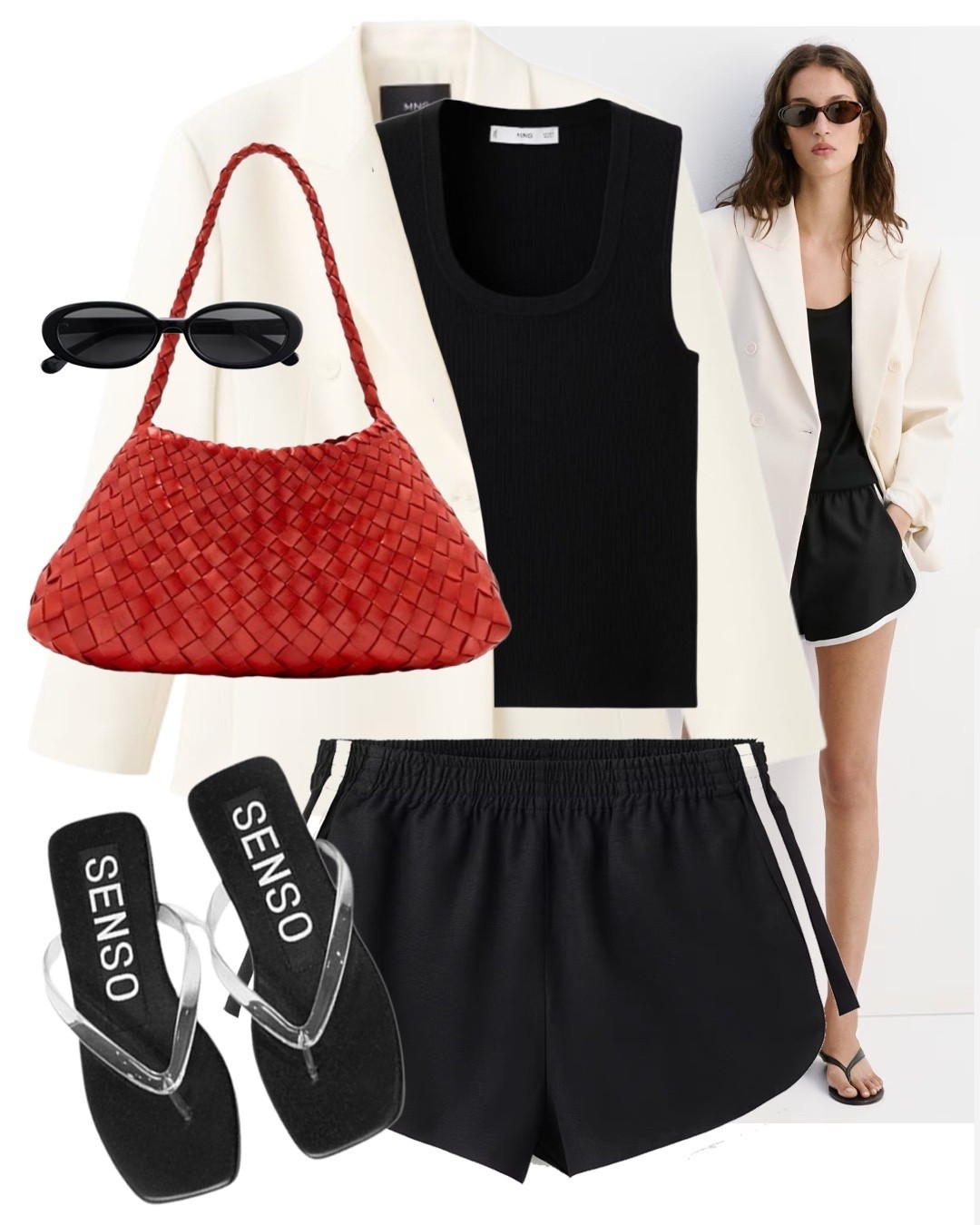 Black & white shorts cream blazer red bag jelly sandals casual chic city summer outfit idea

#LTKuk #LTKsummer #LTKeurope