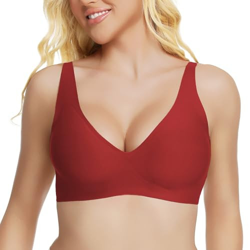 Jelly Wireless Bra for Women Deep V Push Up Seamless T-Shirt Bras Comfortable Plunge No Underwire Bra with Adjustable Straps Everyday Bras Red | Amazon (US)