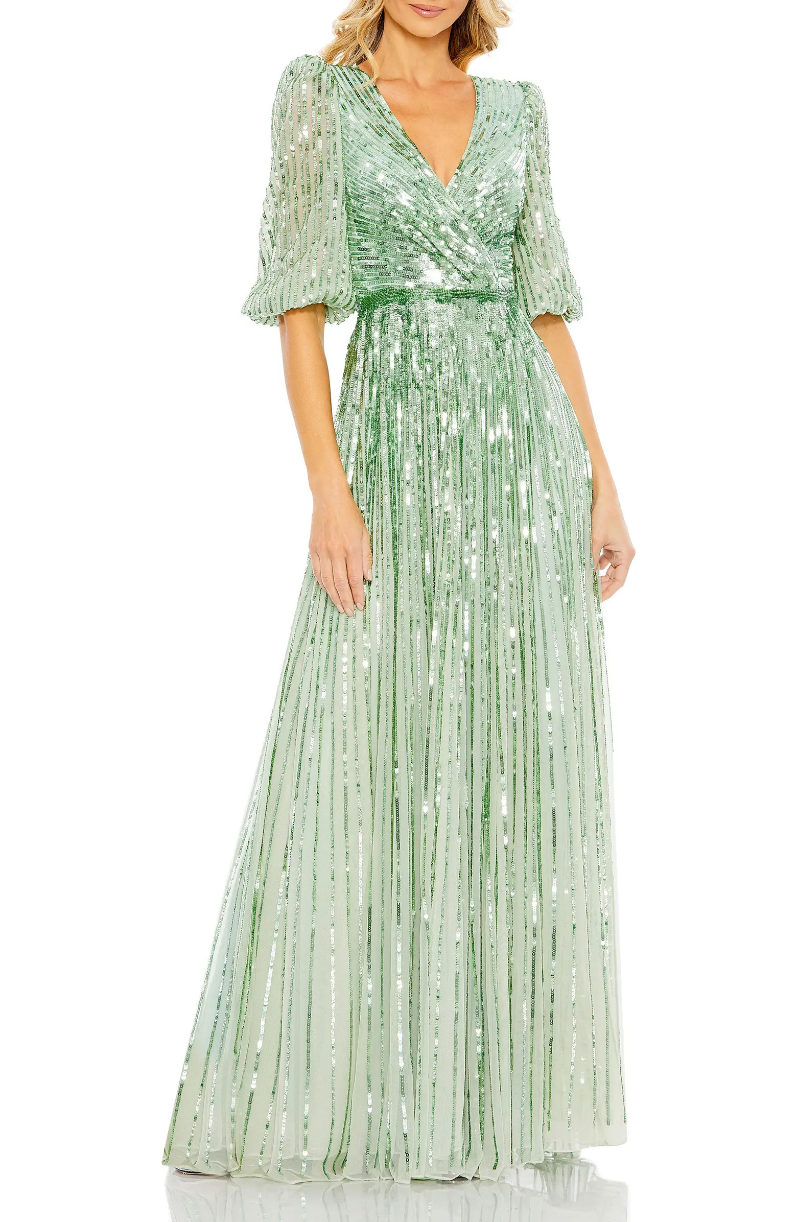 Sequined Wrap Over 3/4 Sleeve Gown | Nordstrom