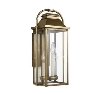 Wellsworth 18.25 in. 3-Light Painted Distressed Brass Outdoor Wall Lantern Sconce | The Home Depot