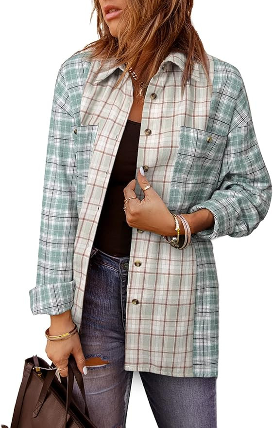 Sidefeel Womens Long Sleeve Color Block Button Down Plaid Shirt Oversized Blouses Tops | Amazon (US)