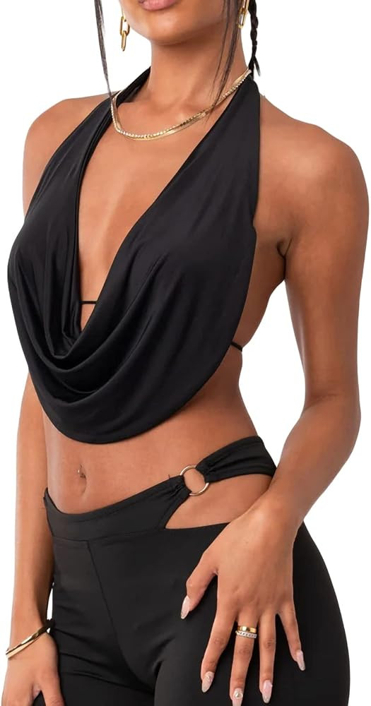 3D Floral Sexy Tank Tops for Women Y2k Halter Neck Backless Ruched Camisole Vintage Crop Vest Top... | Amazon (US)