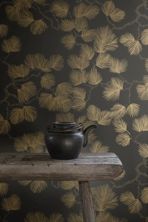Scalamandre Sandberg Pine Black wallpaper design / wallcovering - feature wall - pine branches fo... | Etsy (US)