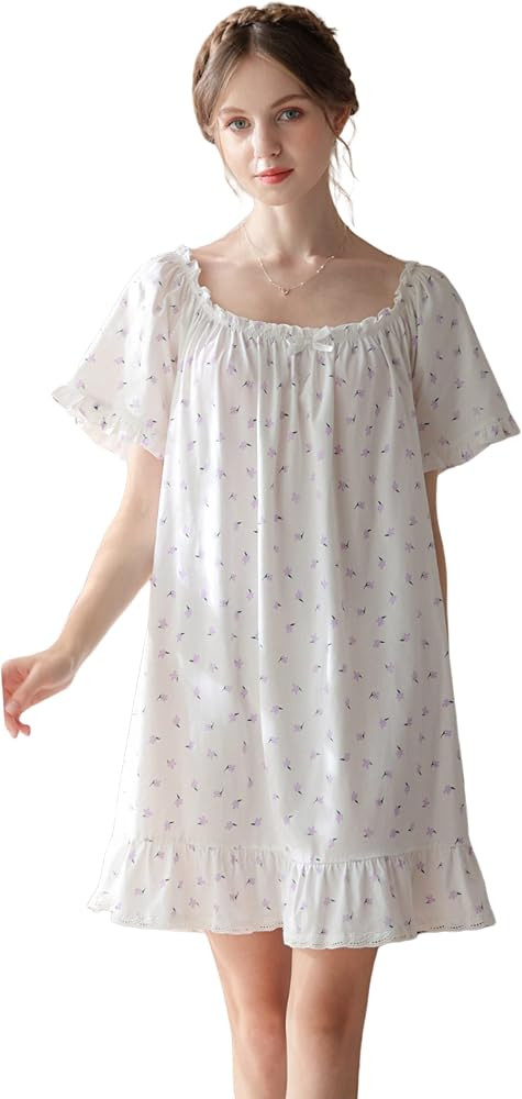 Women's Cotton Nightgowns Vintage Lightweight Gown Sets Short Sleeve Princess Nightdress | Amazon (US)