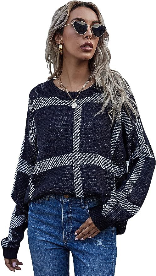 Floerns Women's Long Sleeve High Neck Plaid Crop Sweater Pullover | Amazon (US)