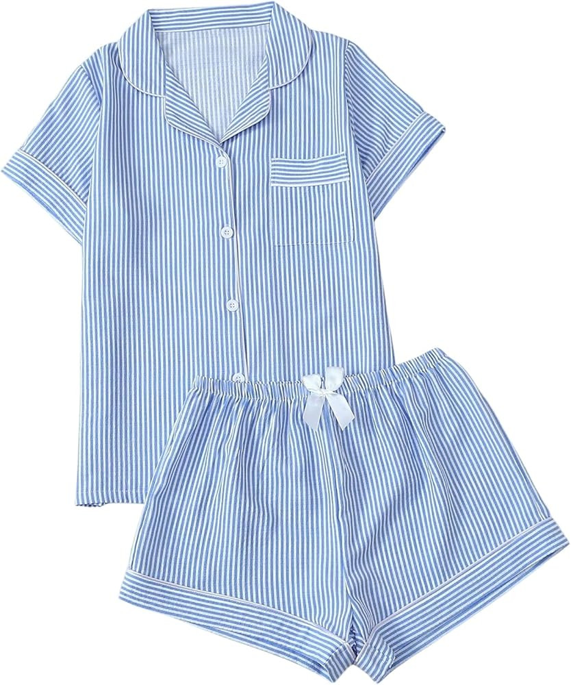 Women's Two Piece Pajama Sets Allover Print Short Sleeve Sleepwear Button Down Shirt and Bow Shor... | Amazon (US)