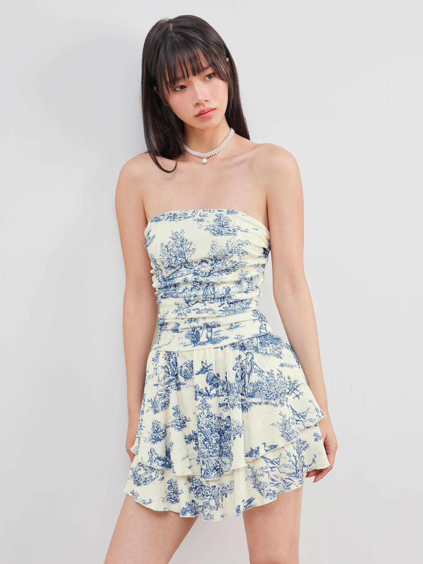 Toile de Jouy Shirred Ruched Mini Dress | Cider