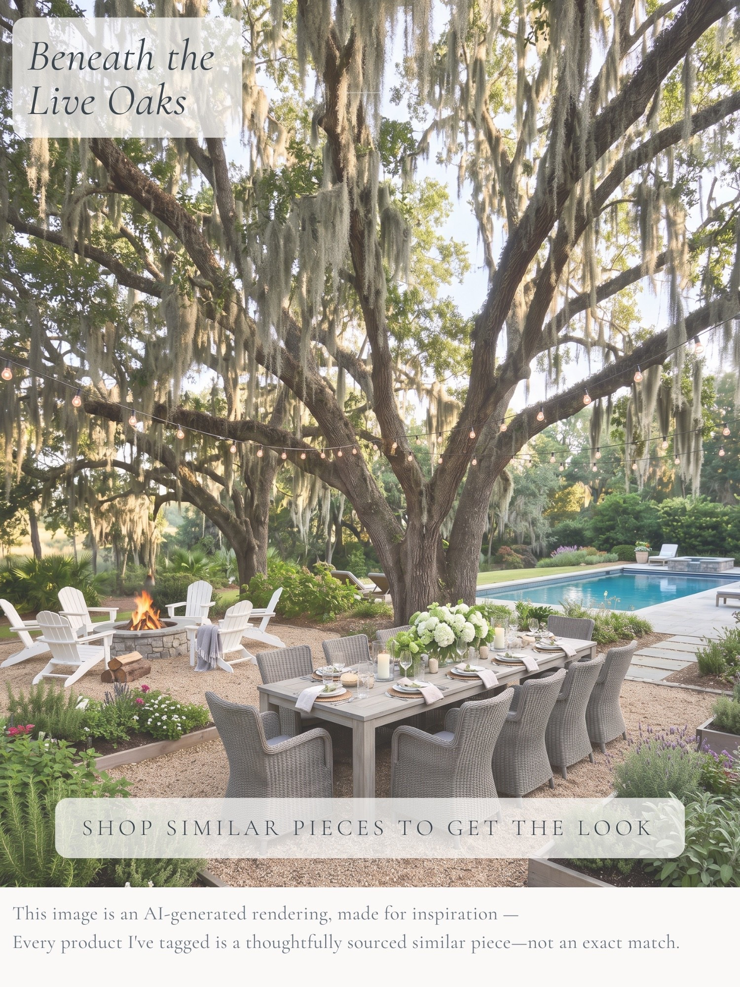 There’s something special about gathering beneath live oaks draped in Spanish moss. This outdoor space was imagined for slow dinners, easy conversation, and making the most of warm Southern evenings. I've thoughtfully sourced similar pieces to help you capture the same timeless, relaxed feel in your own backyard. 🤍

AI-generated design concept for inspiration • Tagged products are thoughtfully sourced similar pieces, not exact matches • Affiliate links may be used. As an Amazon Associate, I earn from qualifying purchases.

#LTKHome