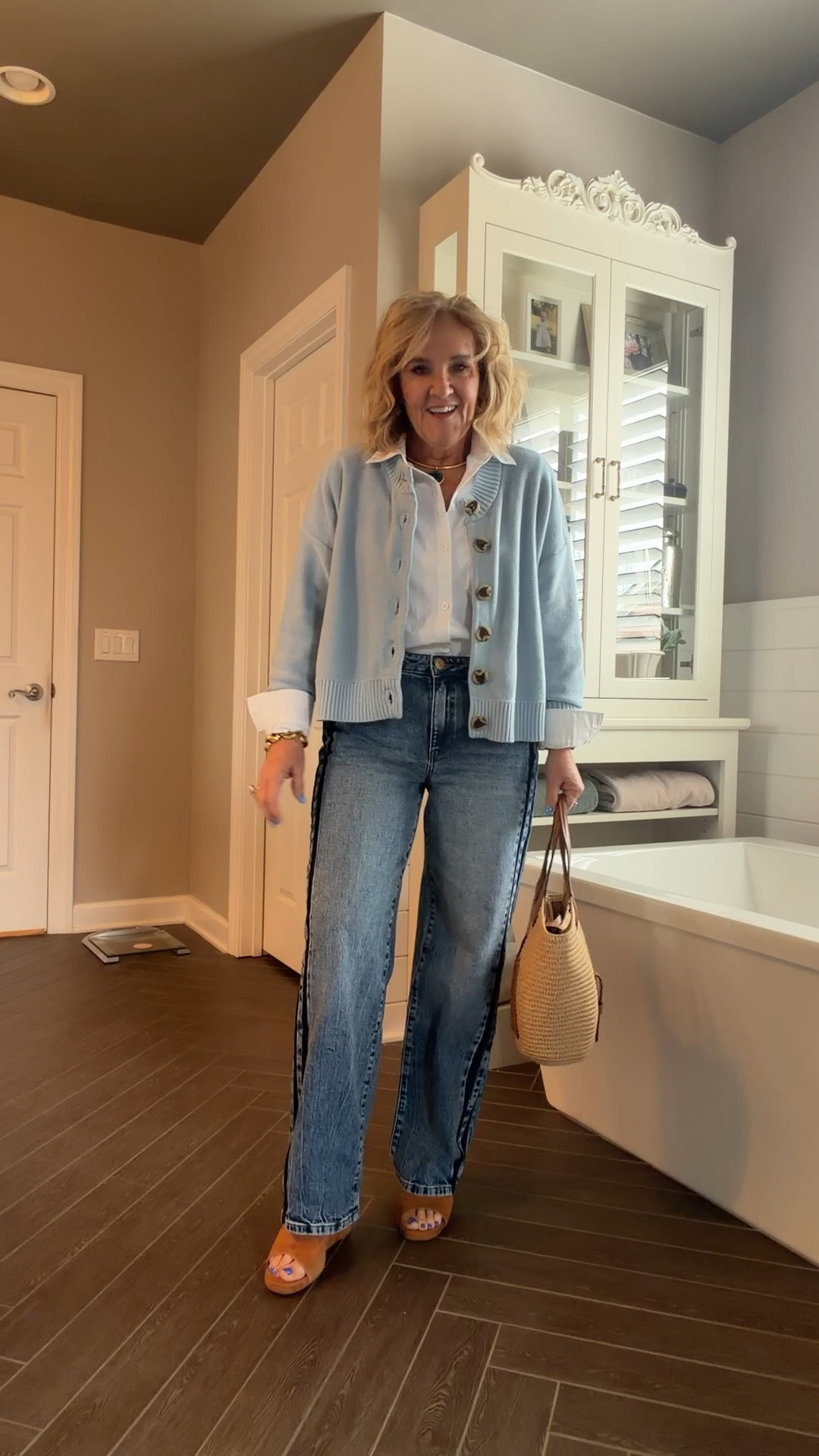 Early spring outfit 
Track stripe jeans size down to a six they are a 31 inch inseam and I need to wear a heel with them or a platform sneaker. I still make them or have them hemmed
Performance pop and blouse side size down too small
Quince cardigan size medium this color is going to go fast
Check out my accessories, including my new beautiful spring summer bag by Eric Javits 

#LTKOver40 #LTKSeasonal #LTKootd