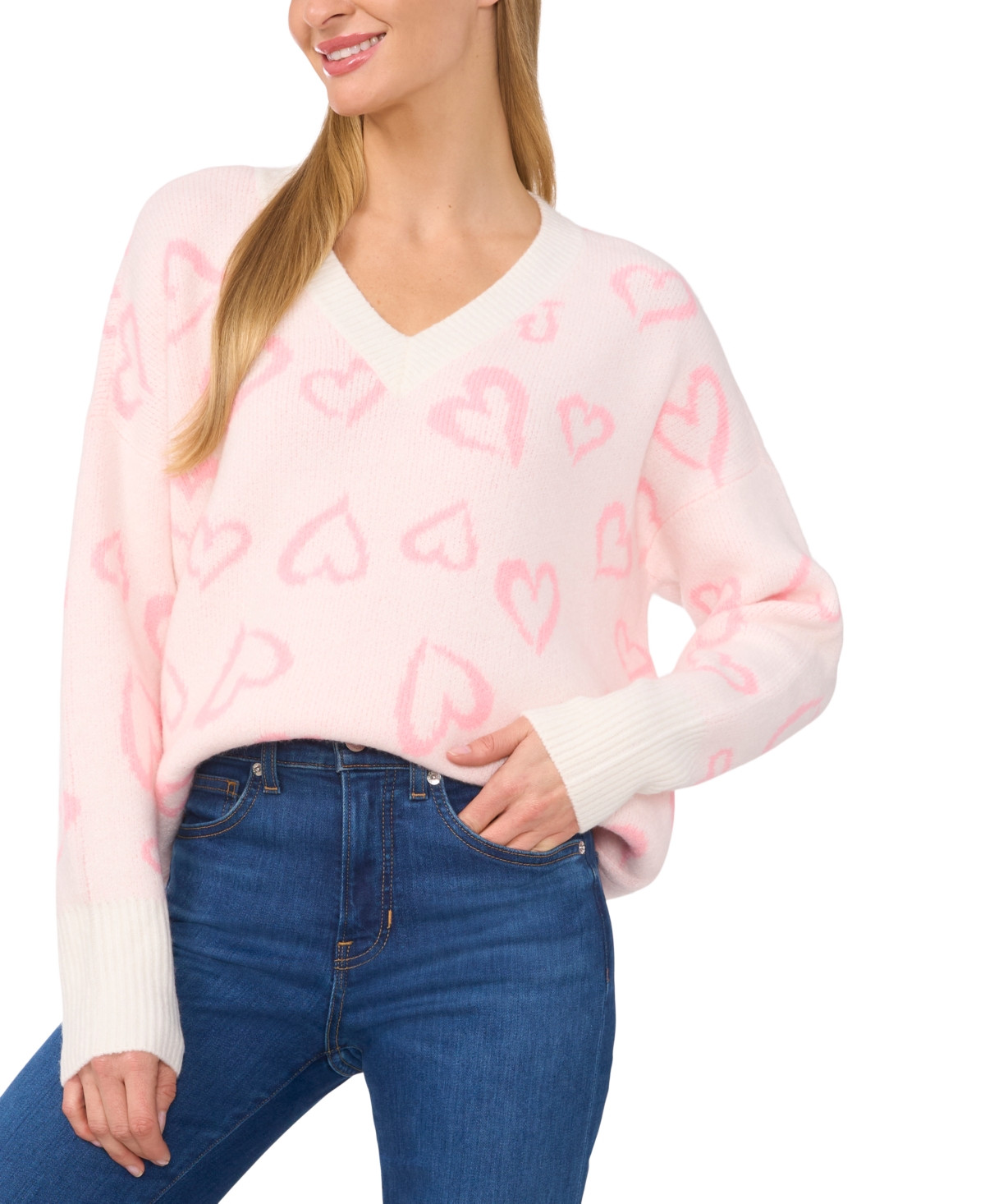 CeCe Women's Valentine Hearts V-Neck Long-Sleeve Sweater - Antique White | Macy's AU | APAC