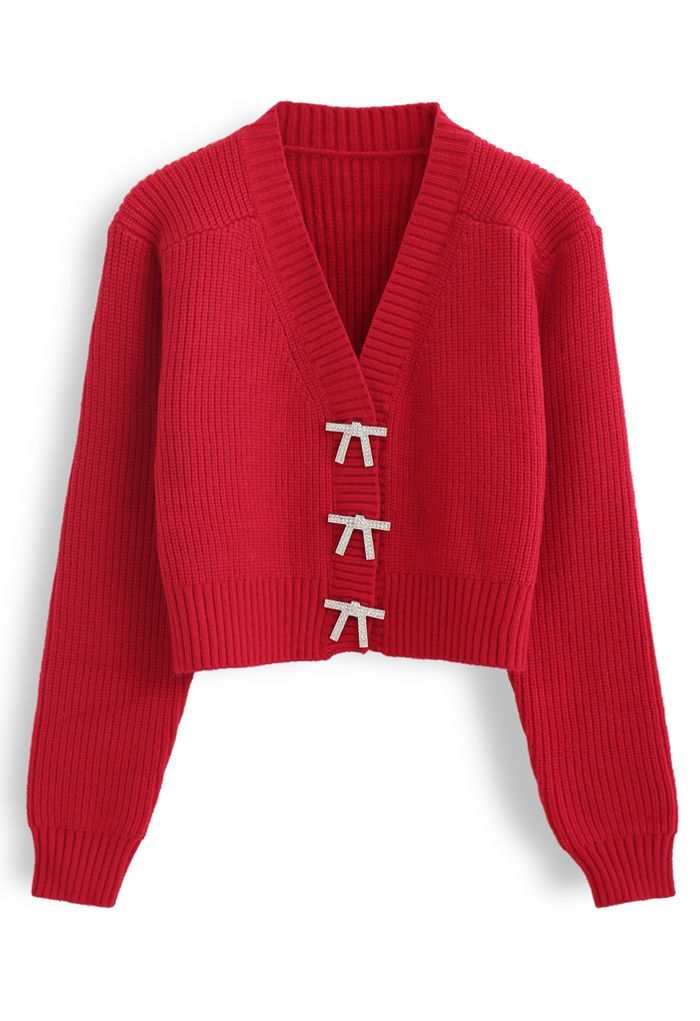 Bowknot Brooch Button Up Crop Knit Cardigan in Red | Chicwish