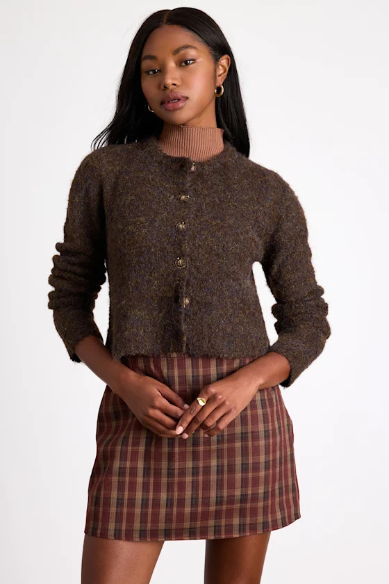 Lovette Dark Brown Boucle Button-Front Cropped Cardigan Sweater | Lulus