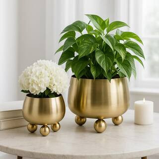 9 in. and 11 in. Gold Metal Planters with Ball Feet (Set of 2) | The Home Depot