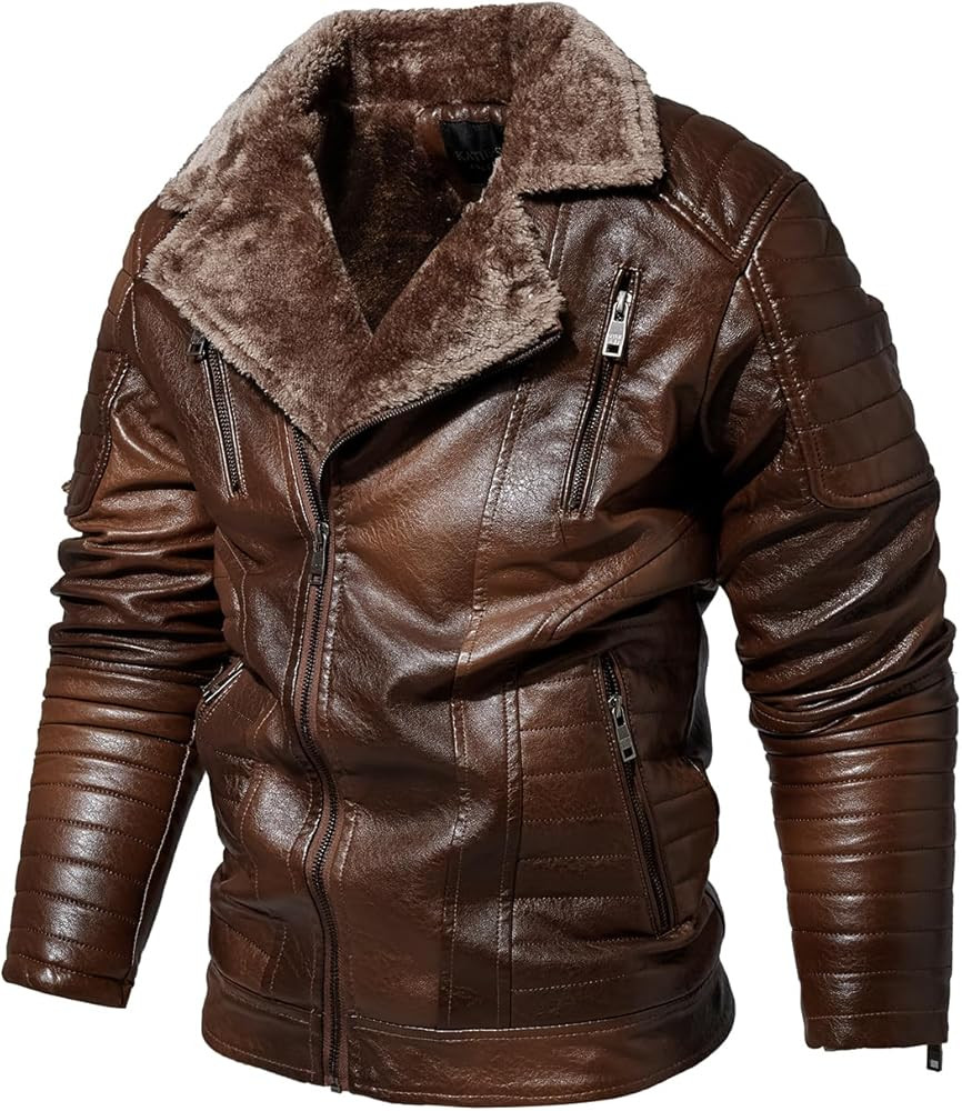 Men's Cool Bomber Pilot Leather Jacket Mens Winter Motorcycle Varsity Fleece Jackets | Amazon (US)