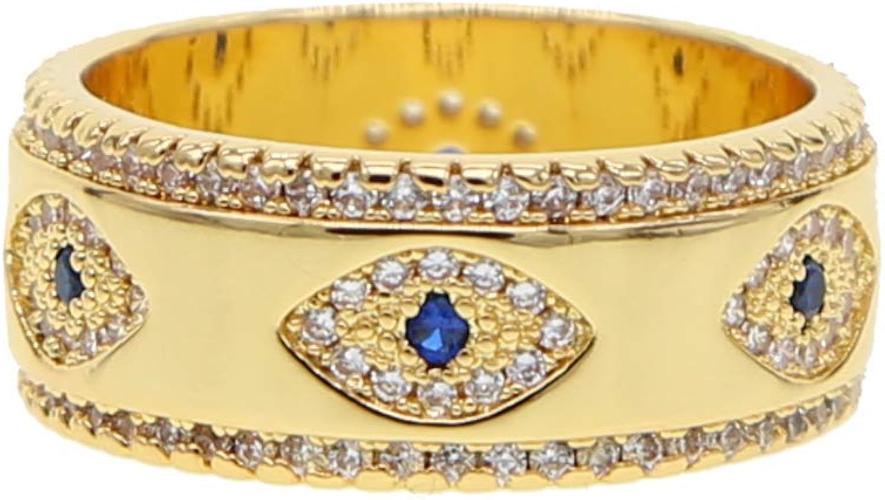 ATJMLADYJEWELRY US Size 6 7 8 Lucky Turkish Evil Eye Gold Wide Band Finger Ring for Women | Amazon (US)