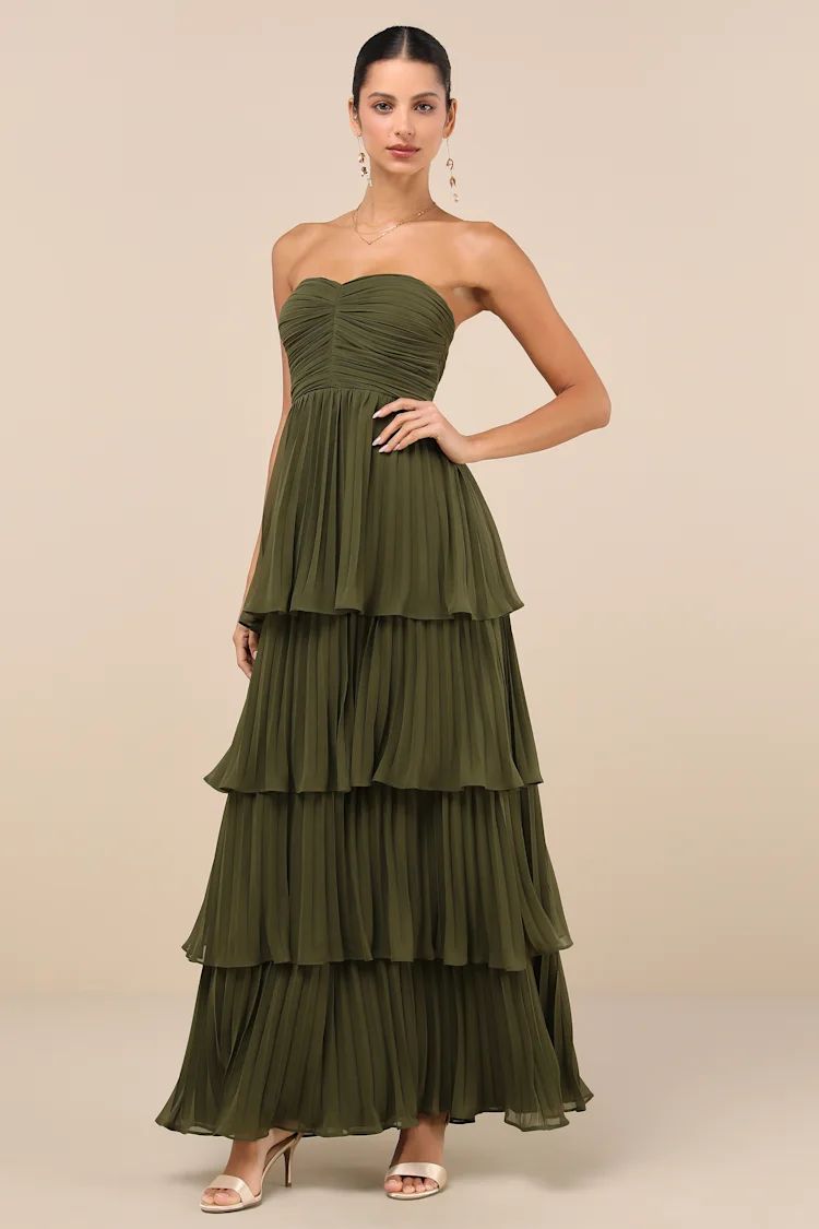 Seriously Sensational Olive Green Strapless Tiered Maxi Dress | Lulus