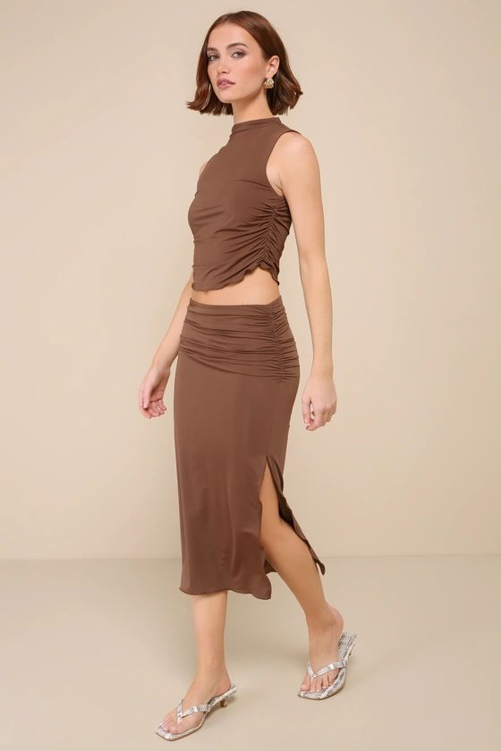 Dark Brown Slinky Knit Ruched Two-Piece Midi Dress | Brown Midi Dress | Lulus