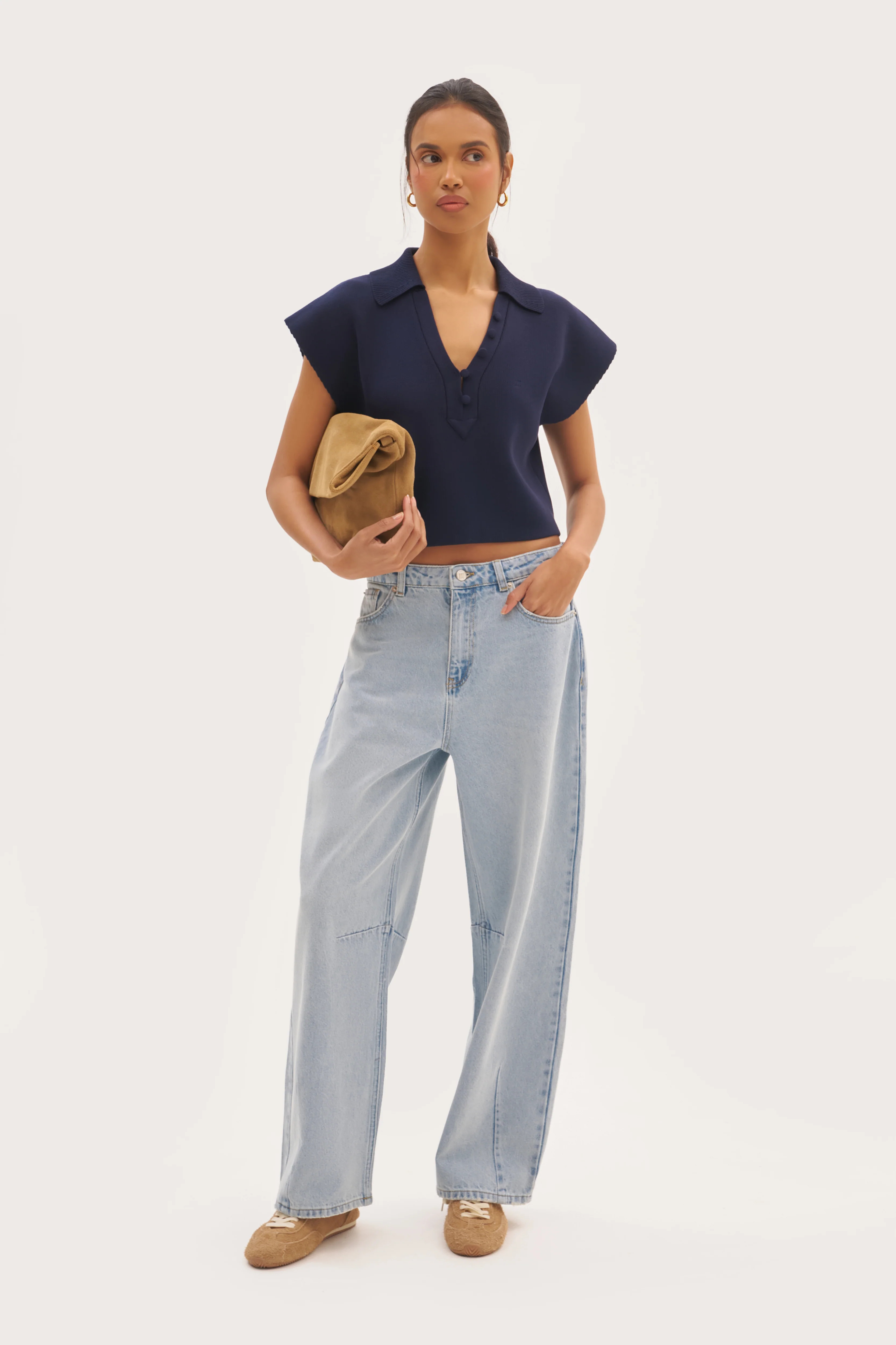 Cropped Knitted Wide Shoulder Top - Navy | Maebe UK