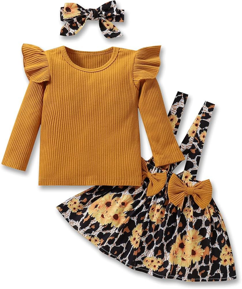 Amazon.com: Infant Toddler Baby Girl Clothes Floral Skirt Set Ruffle Shirt Tops Suspender Dress C... | Amazon (US)