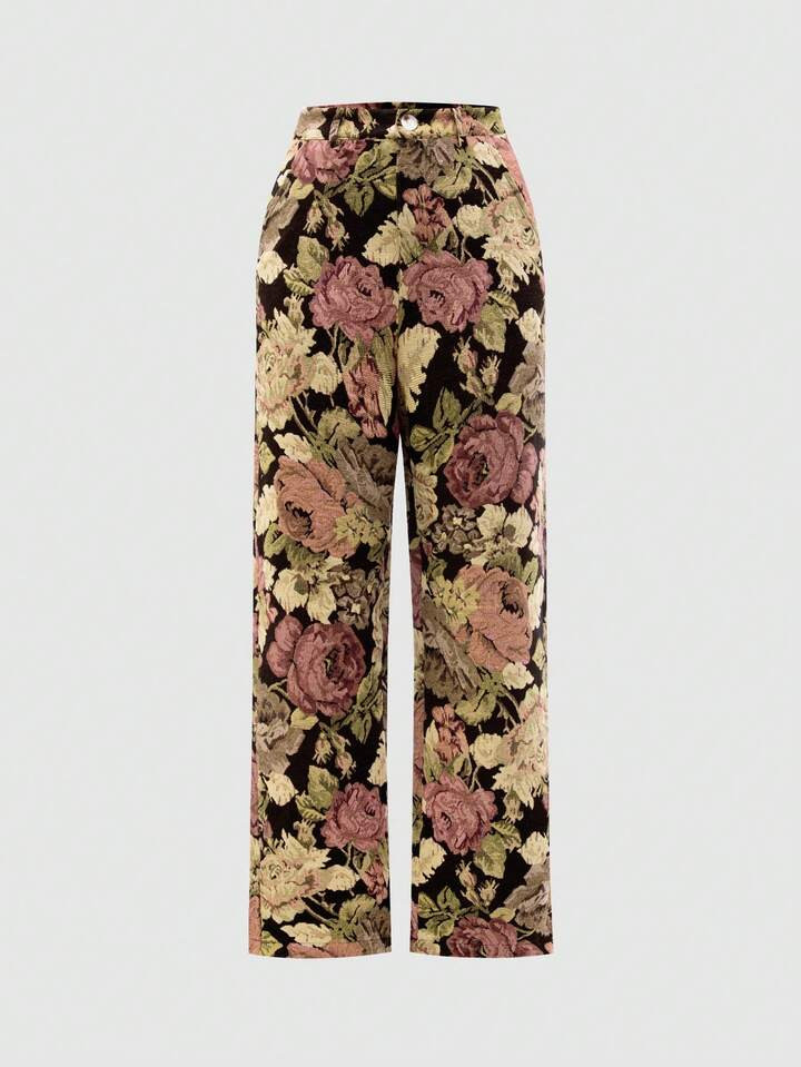 SHEIN MOD Women's Straight Leg Pants With Floral Print | SHEIN