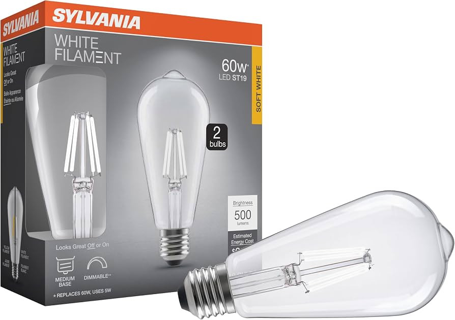 Sylvania ST19 Clear LED White Filament Bulb, 5W, Dimmable, 500 LMS, Medium Base, 2700K, Soft Whit... | Amazon (US)