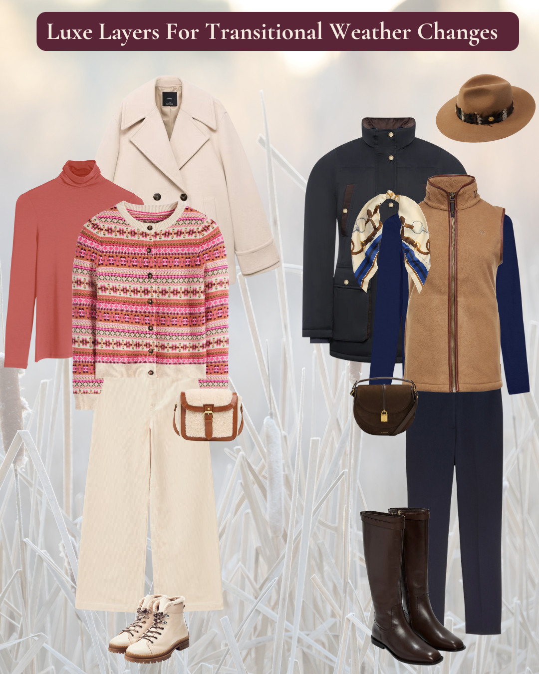 Luxe layers for transitional weather. Cosy base layers, fairisle caridgan and fleece mid layers, wool jacket and waterporrof coat top layers, add faux fur accessories, knee high riding boots, silk scarf and hat 

 #LTKautumn #LTKover50style #LTKstyletip
