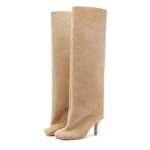 DOBOYG Women's Beige Suede Knee-High Boots, Size 10.5, Kitten Heel & Stiletto Heel, Pull-On, Wide Calf, Perfect for Autumn & Winter | Amazon (US)