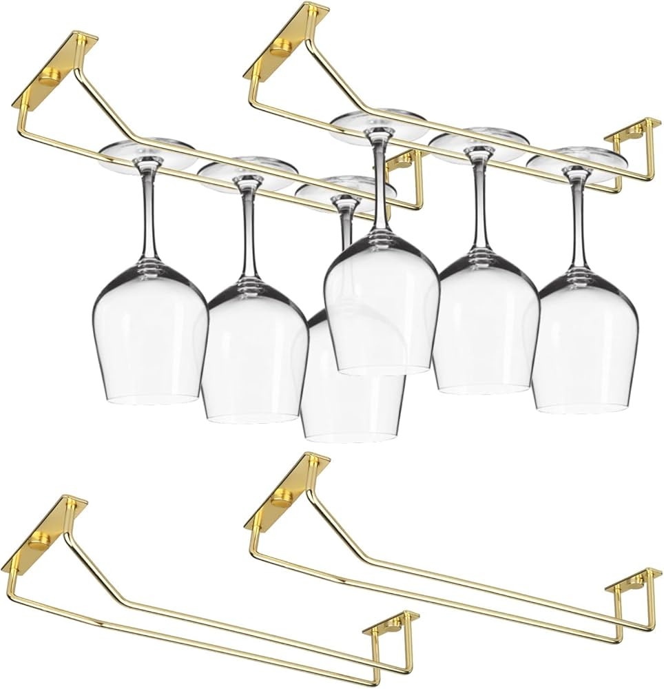10.8 Inch Long Single Row Metal Wine Glass Rack Under Cabinet Cupboard, Gold, 4 Pack | Amazon (US)