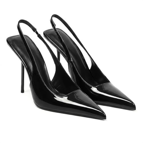 Women's Slingback Stiletto High Heels Pointed Toe Slip On Pumps Shoes Patent Leather Stretch Strap Backless Dress Heels Black | Amazon (US)