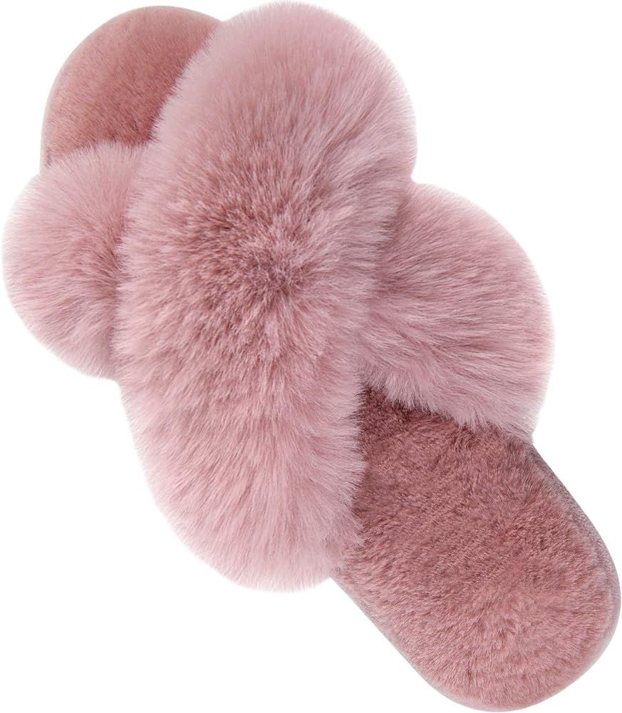 Women's Cross Band Slippers Soft Plush Furry Cozy Open Toe House Shoes Indoor Outdoor Faux Rabbit Fu | Amazon (US)