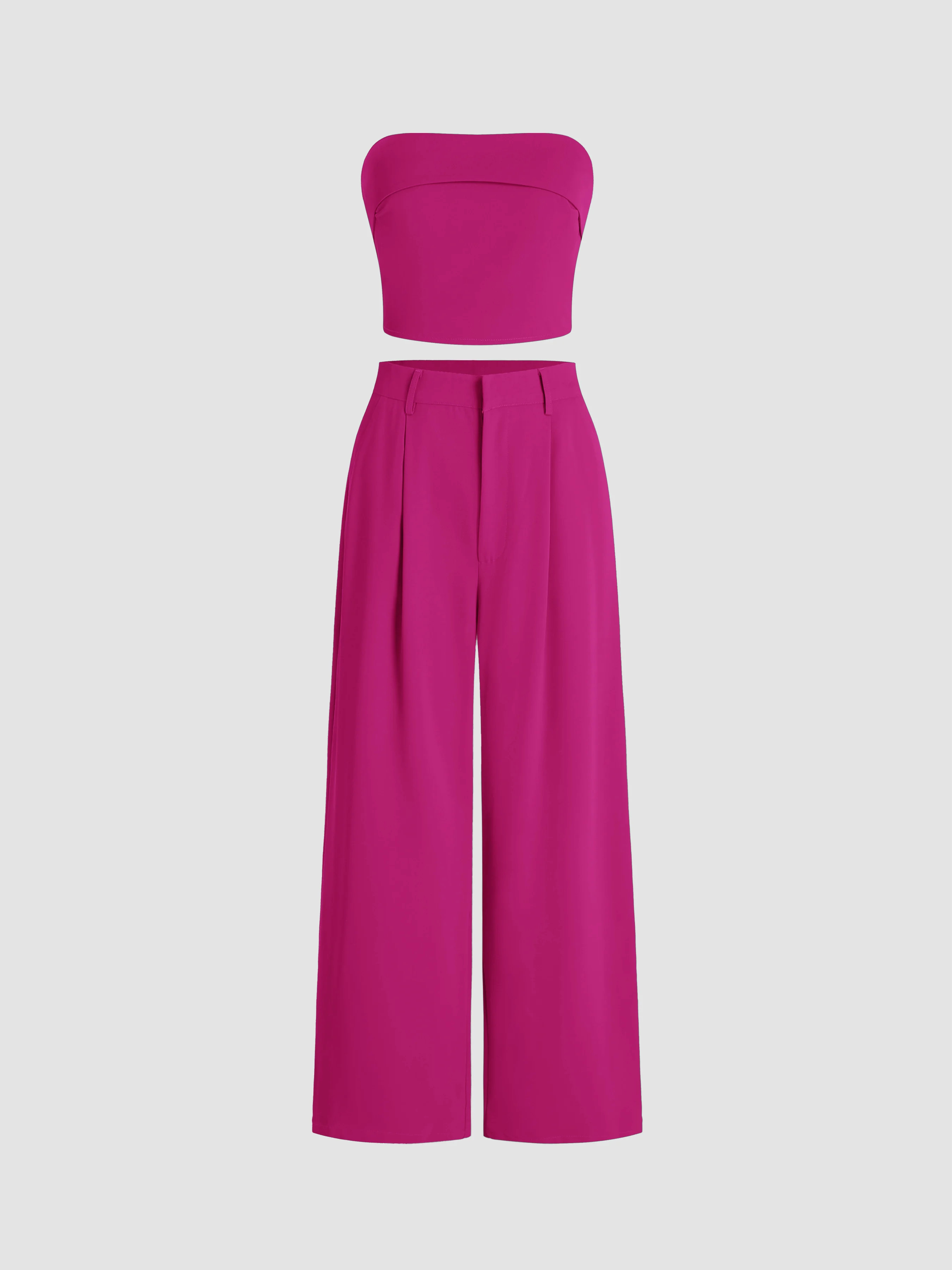 Two Piece Sets Woven Solid Shirred Tube Top & High Waist Pants Set For Daily Casual Exhibition Co... | Cider