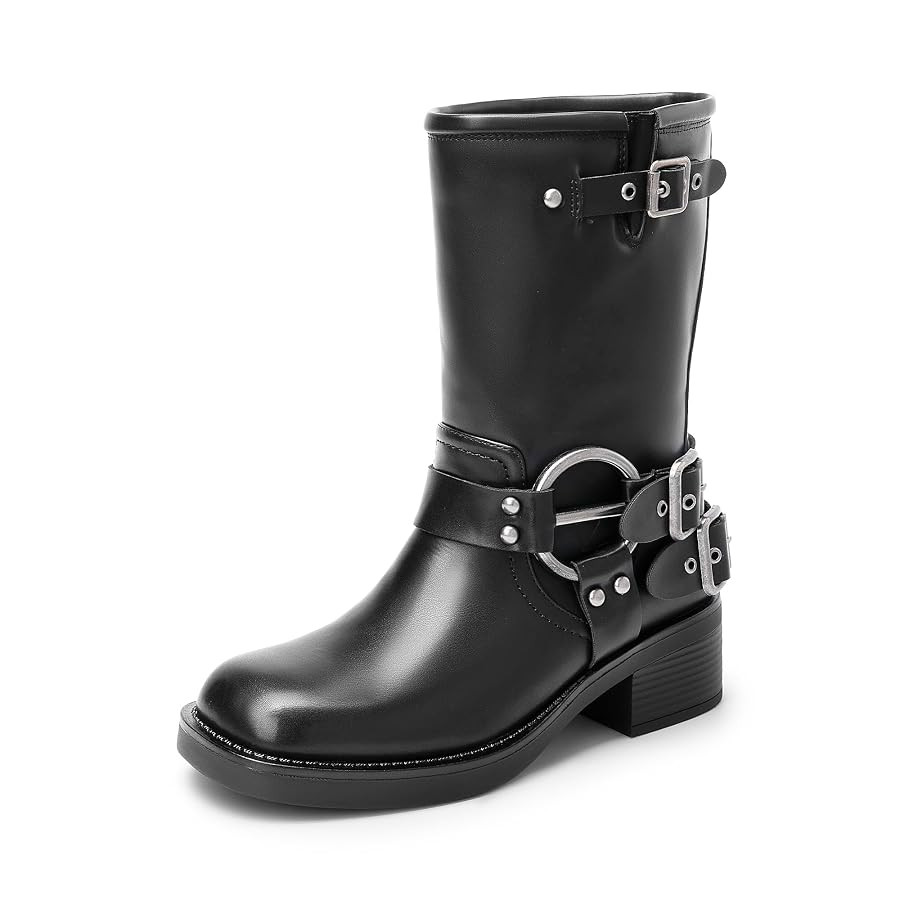 DREAM PAIRS Mid Calf Boots for Women, Square Toe Motorcycle Boots with Buckles, Women's Riding Bi... | Amazon (US)